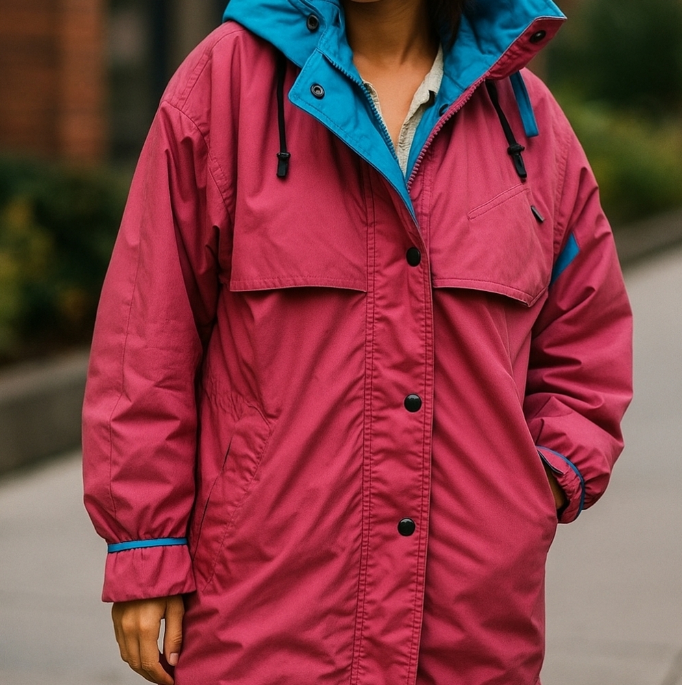 Vintage 1980s Pink Teal Parka Jacket Long Coat Women Large River Edge Ski Winter